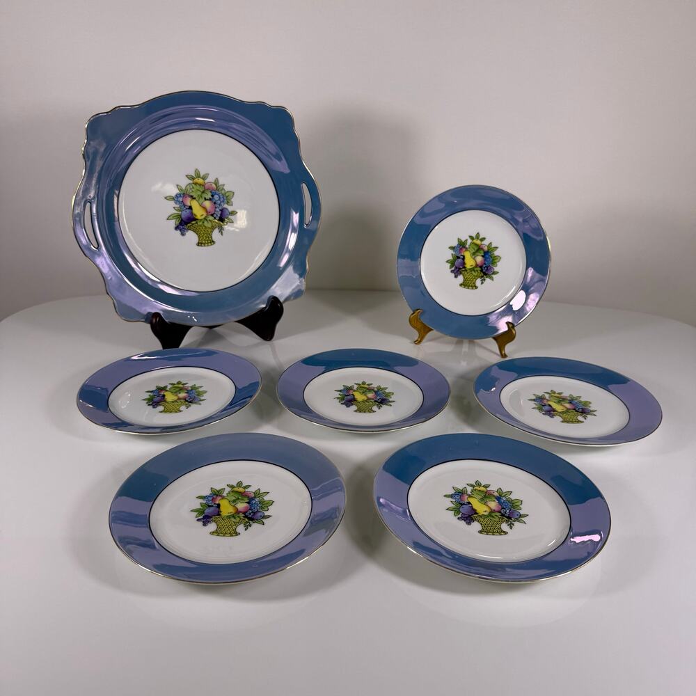 Vintage Noritake Blue Lusterware Fruit‎ Basket Cake Stand and Plates Set